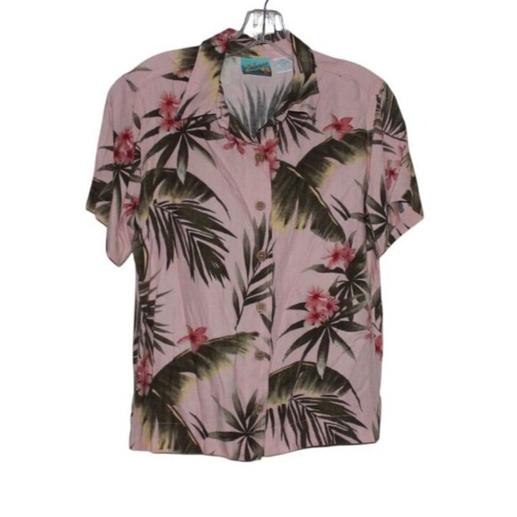 Vintage Baham Beach Blouse Shirt Tropical Floral Green & Pink Petite Medium - Picture 3 of 5